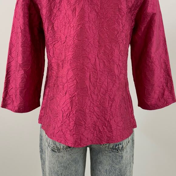 Eileen Fisher Crinkle Silk Blazer Jacket Hot Pink Button-Down 3/4 Sleeve | Small - Picture 7 of 11